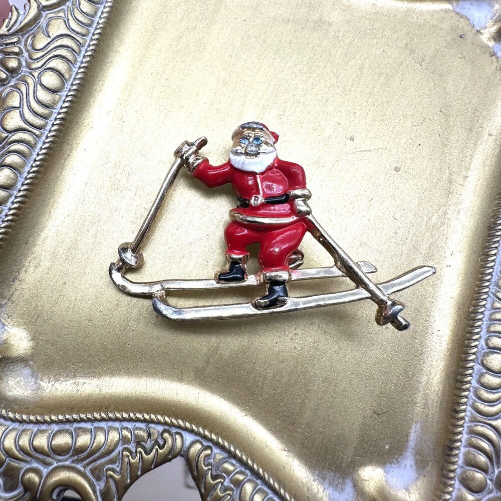 Vintage BJ Skiing Santa Brooch Pin